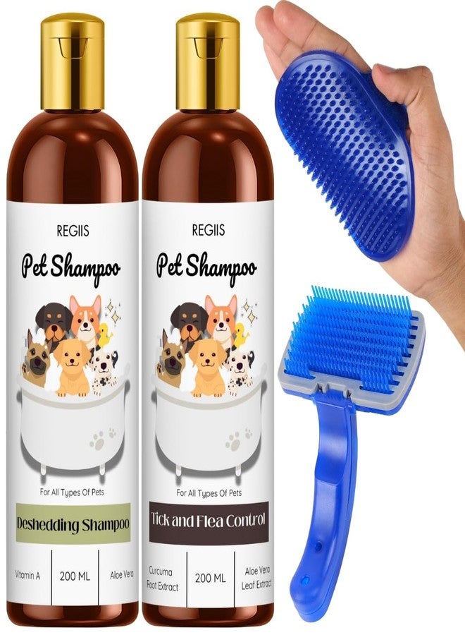 مجموعة شامبو للحيوانات الأليفة، تركيبة لإزالة الشعر الزائد ومكافحة القراد والبراغيث مع فرش للعناية، 200 مل، طقم استحمام للكلاب من 4 قطع - Image 1